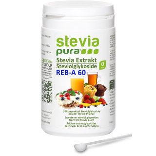 Reines hochkonzentriertes Stevia Extrakt | Rebaudiosid A 60% - 100g | inkl. Dosierlffel