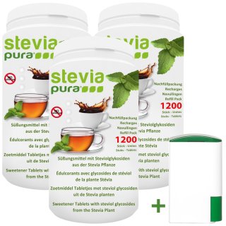 3x1200 Stevia-tabletten | Stevia-tabletten navulverpakking + GRATIS dispenser