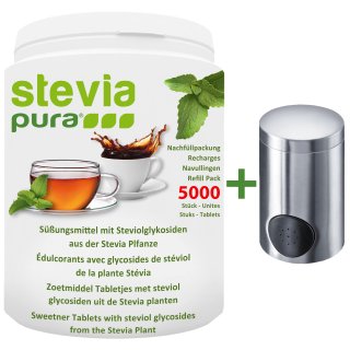 5000 Stevia Tabs | Stevia Tabletten Nachfüllpackung + Edelstahl Süßstoffspender